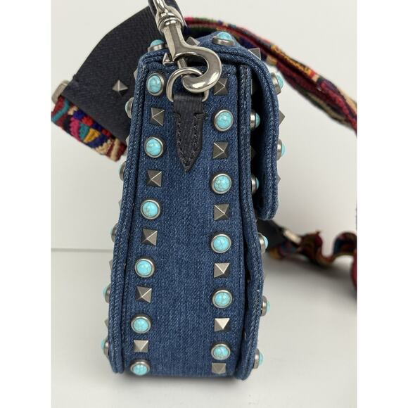 Valentino Rolling Rockstud Denim and Leather Shoulder Bag with Multicolor Strap - Picture 6 of 16